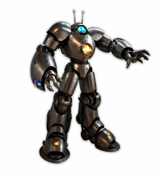 Prompt: 12 foot tall metal armored robot that walks upright with a dome shaped head and a glowing gem installed on its chest in a photo-realistic style