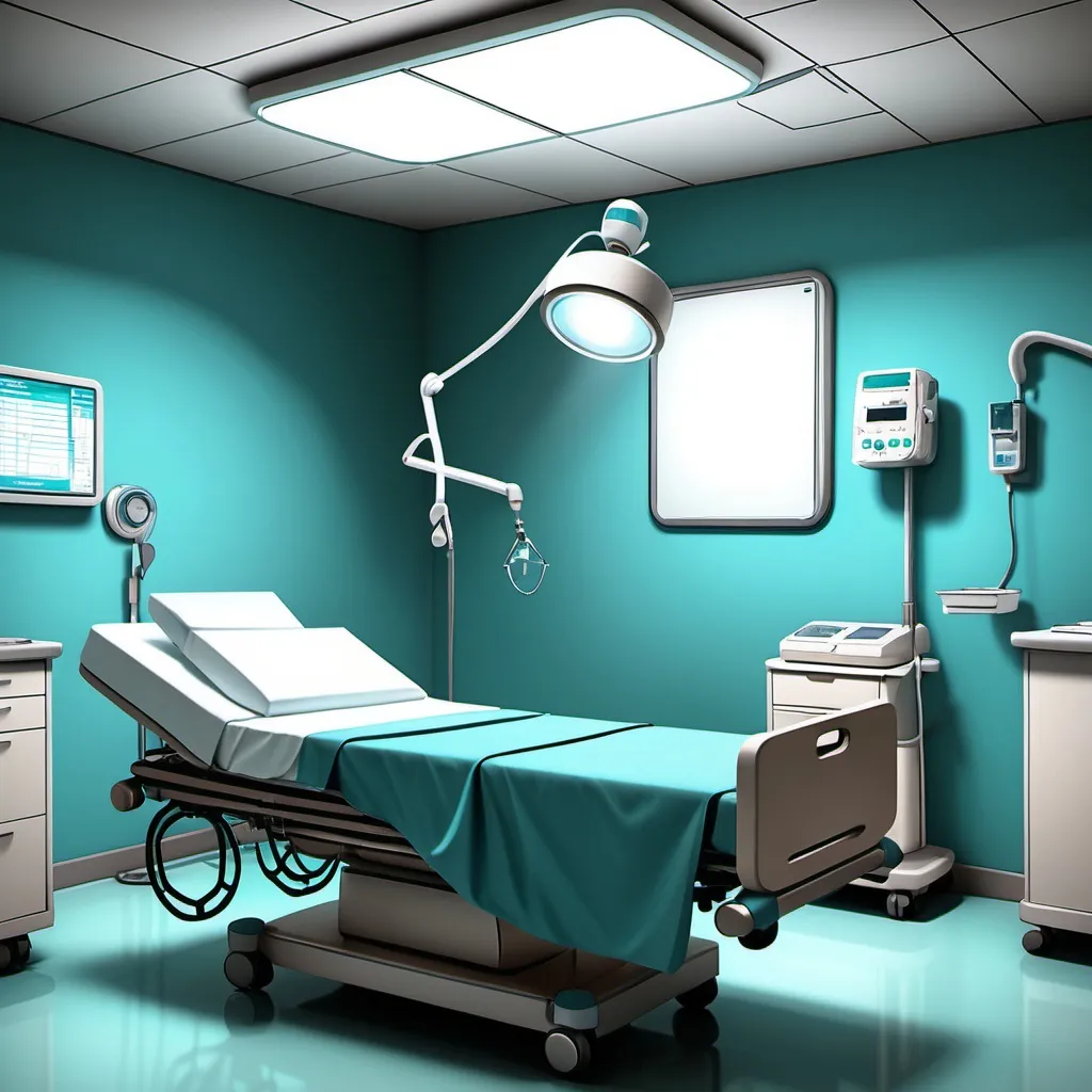 Prompt: The image depicts a simple, cartoon-style hospital room. 

- **Lighting**: There is a large surgical lamp with multiple blue lights, positioned on an adjustable arm, suggesting it is meant for medical procedures.
- **Bed**: A hospital bed is present, featuring a teal-colored mattress and a white pillow, indicating a patient area.
- **Background**: The walls are a light blue, and there are large windows that allow natural light to enter. Shelves or cabinets can be seen in the background, likely containing medical supplies or equipment.

Overall, the scene conveys a clean and clinical environment typical of a hospital setting.