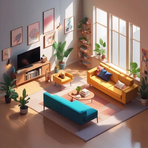 Prompt: isometric living room items, (modern design), minimalist aesthetic, bright and airy atmosphere, curated furnishings, various (vibrant) colors, warm natural light filtering through windows, detailed textures on surfaces, cozy and inviting furniture arrangement, sleek lines, soft shadows, ultra-detailed, 4K resolution, create a balanced harmonious space.