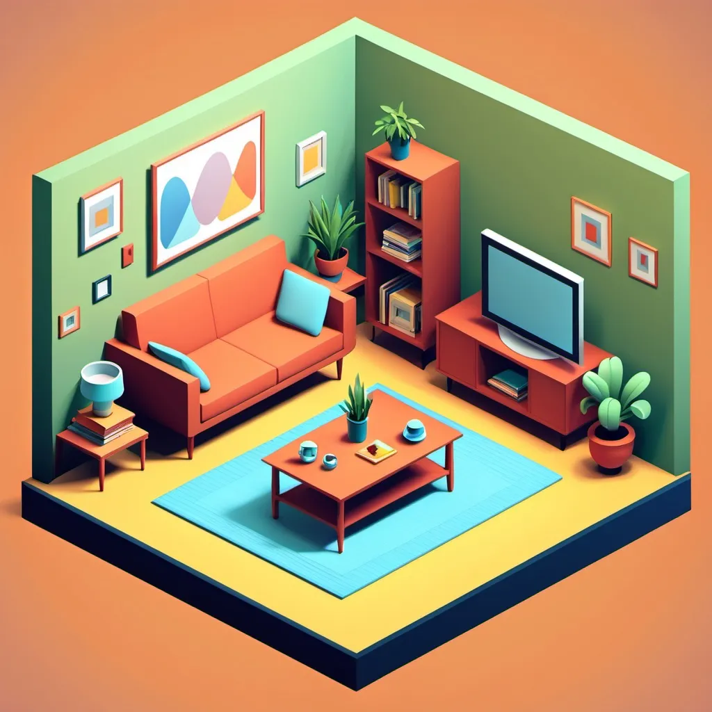 Prompt: isometric living room items