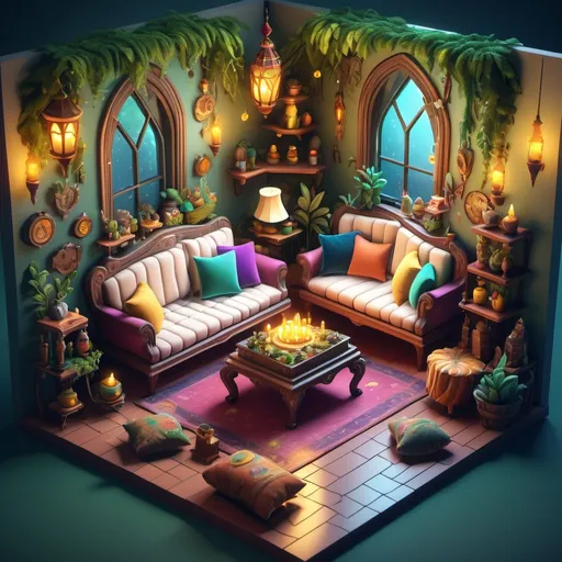 Prompt: (isometric living room items), (fantasy style), intricately detailed furniture, whimsical decorations, vibrant colors, enchanted atmosphere, cozy ambiance, mythical objects like floating candles, plush seating, lush foliage, enchanting wall art, warm, inviting lighting, high detail, ultra-detailed, 4K resolution, magical elements entwold in a lively setting, rich textures and materials.