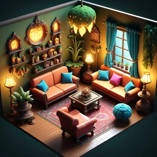 Prompt: (isometric living room items), (fantasy style), intricately detailed furniture, whimsical decorations, vibrant colors, enchanted atmosphere, cozy ambiance, mythical objects like floating candles, plush seating, lush foliage, enchanting wall art, warm, inviting lighting, high detail, ultra-detailed, 4K resolution, magical elements entwold in a lively setting, rich textures and materials.