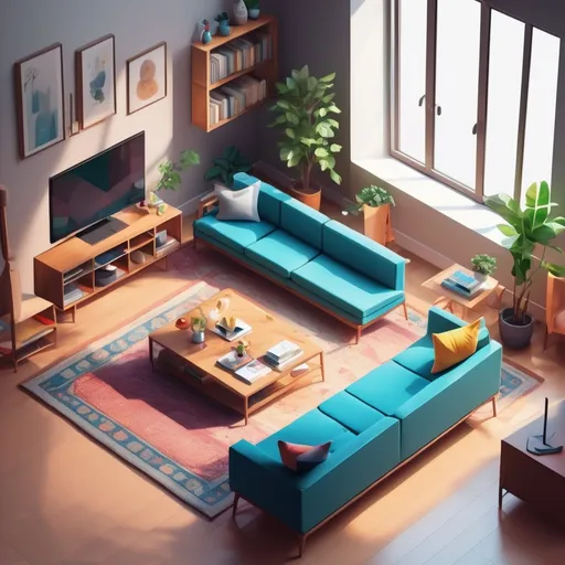 Prompt: isometric living room items, (modern design), minimalist aesthetic, bright and airy atmosphere, curated furnishings, various (vibrant) colors, warm natural light filtering through windows, detailed textures on surfaces, cozy and inviting furniture arrangement, sleek lines, soft shadows, ultra-detailed, 4K resolution, create a balanced harmonious space.