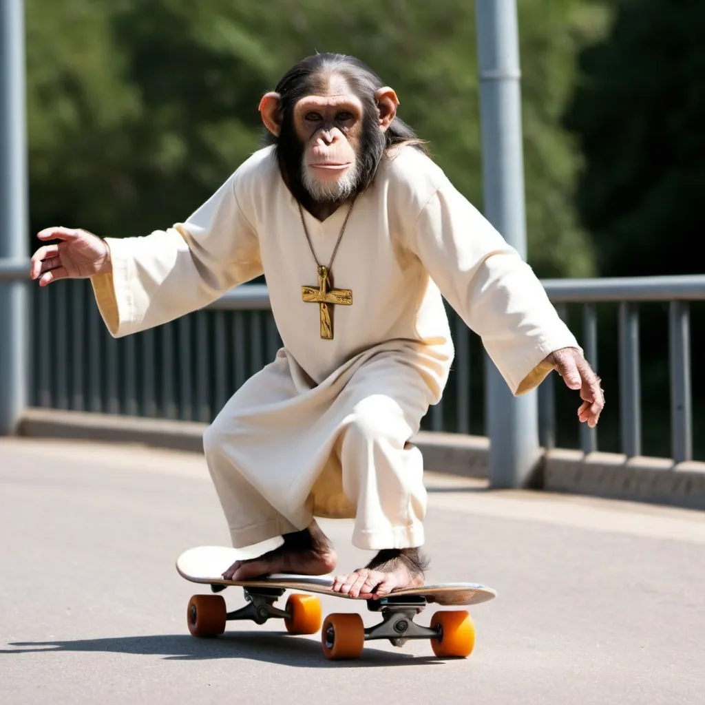 Prompt: chimp on a skateboard that looks like jesus in jesus attire