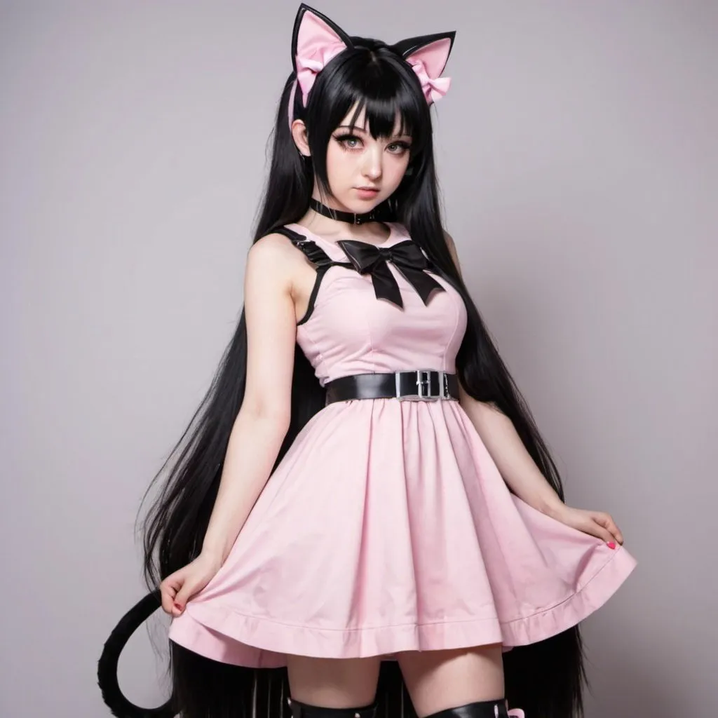 Prompt: Anime girl black hair silver bows in hair that look like cat ears. Wearing pink and black egirl dress and boots 