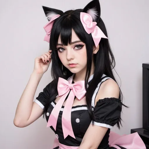 Prompt: Anime girl black hair silver bows in hair that look like cat ears. Wearing pink and black egirl dress and boots 
