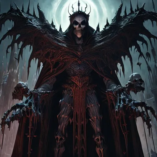 Prompt: Tall, broad skeleton boss villain, crowned with enemies' bones, wearing large white cape, holding bone-like staff, with piercing red dot as pupil, surrounded by tens of thousands of small skeleton henchmen, highres, detailed, dark fantasy, gothic, menacing atmosphere, red and black tones, dramatic lighting
