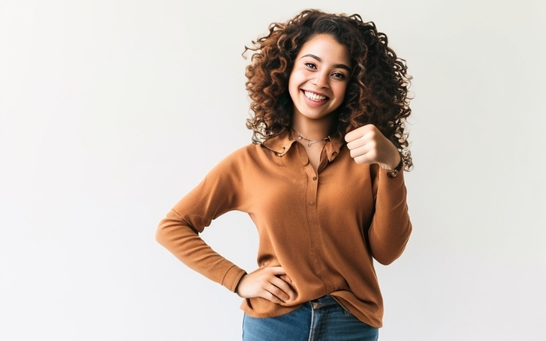 Prompt: Radiating joy, a young woman with voluminous curly hair stands confidently against a soft, white background. Dressed in a cozy brown shirt, she flashes a bright smile that showcases her enthusiasm, complemented by large hoop earrings that add a touch of flair. Her right hand gives a thumbs-up, exuding positivity, while her left hand rests comfortably on her hip, enhancing her relaxed demeanor. The simple yet effective composition draws attention to her cheerful expression and the warmth of the moment, making the viewer feel the uplifting energy she conveys.