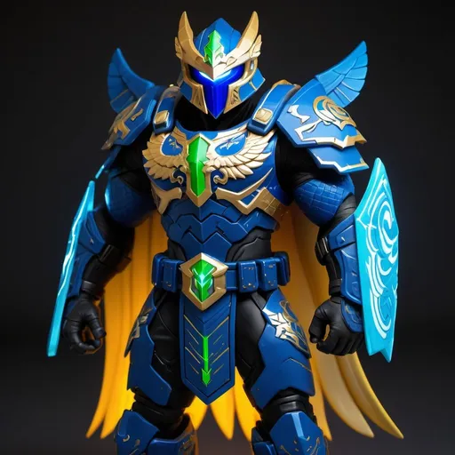 Prompt: Spartan-IV Mjolnir armor, gen 3 Mjolnir, heavy dragon theme, sleek and angular, blue, white and gold accents, glowing lights, green lights, magic runes, glowing runes, heavy on the Halo influence, no horns, Mjolnir style helm, holding a rifle