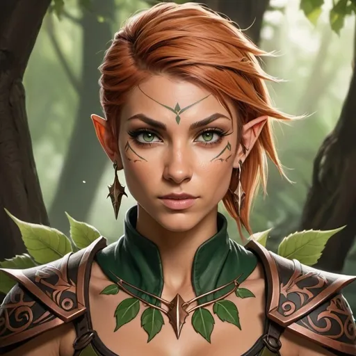 Prompt: dnd character portrait, wood elf female, fighter, dark green eyes, light tan skin, face/neck tattoo, creeping thorny vines tattoo, copper-colored hair, short bob hair, spiky hair, undercut on right side of head, fierce, wild, feral