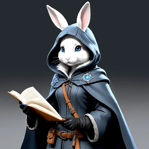 Prompt: Mist is a slender and graceful rabbitfolk with shimmering silver fur and piercing blue eyes.
   - Clothing and Gear: She wears a hooded cloak of dark grey, allowing her to blend into the shadows. Mist carries a small notebook for jotting down observations and a set of maps detailing the layout of the manor. Her gear also includes a set of throwing darts for self-defense.
