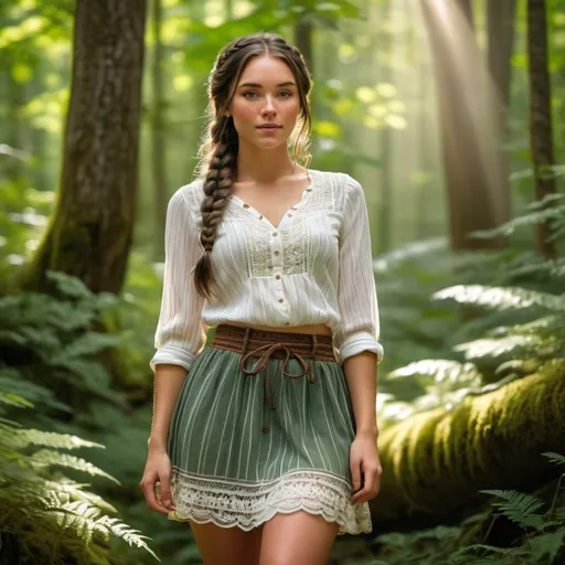 Prompt: full body image, a young woman from deep in the Appalachian mountains, long hair, dark hair, freckles, braid, pretty, white blouse, lacey, striped skirt