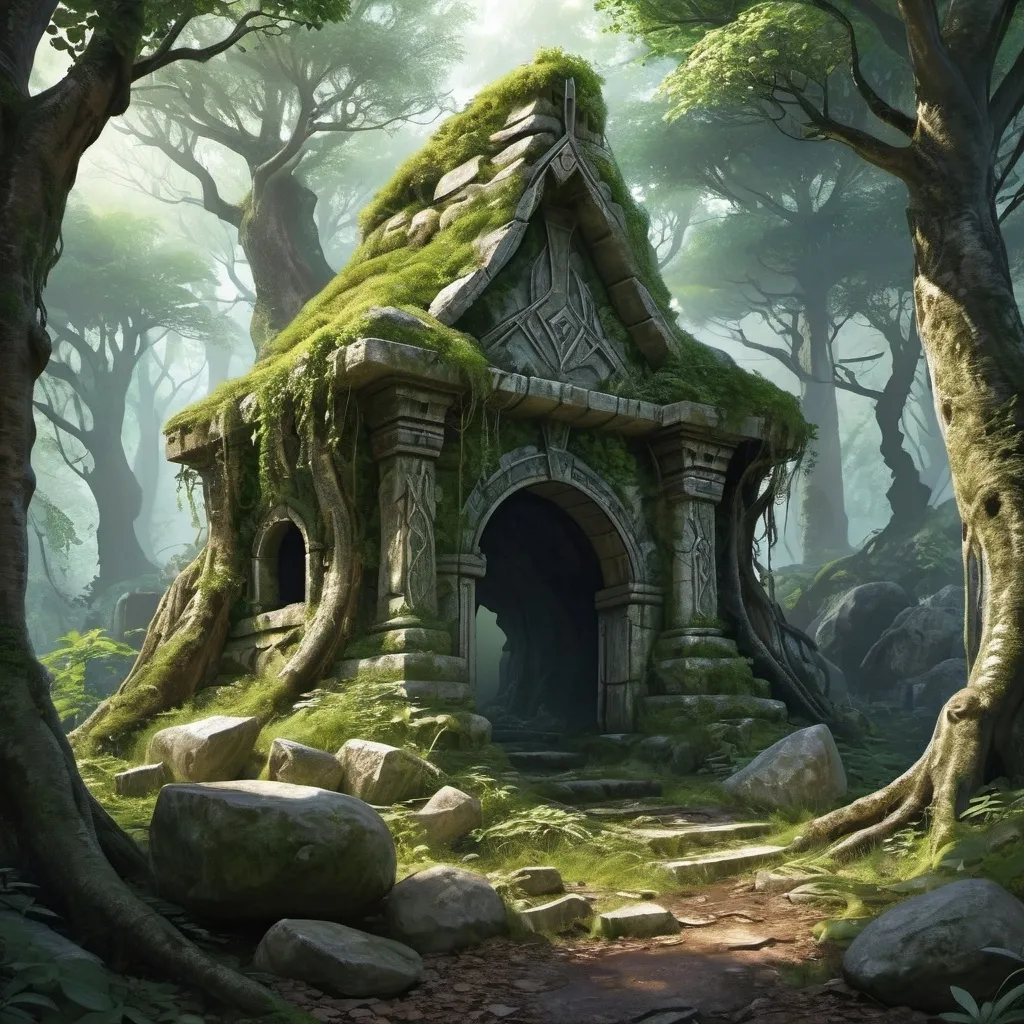 Prompt: An abandoned wood elf druidic shrine overgrown by forest, crumbling ruins, broken stone, trees, undergrowth, hilly terrain, rocks, boulders, shady forest, fantasy