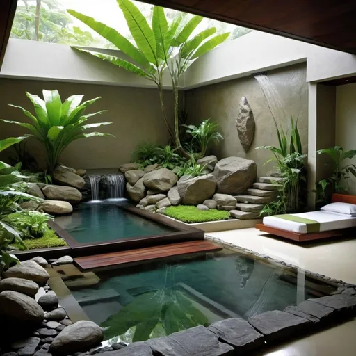 Prompt: A tropical bedroom, plants, rocks, water feature, humid, rock walls, trees, pond