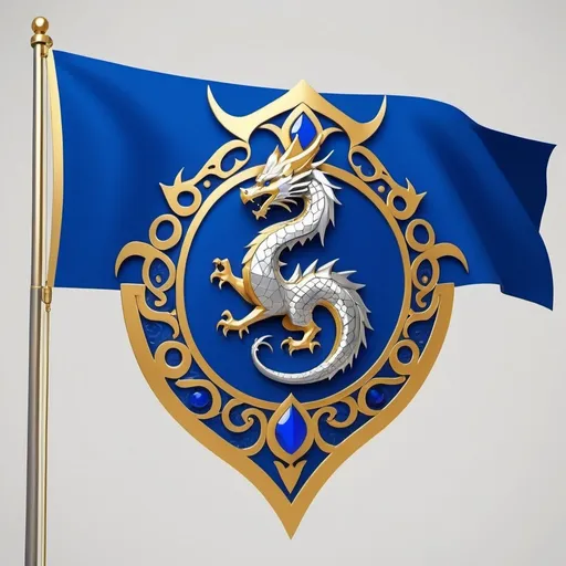 Prompt: A flag for a fantasy setting. Stylized geometric dragon, silver dragon, blue flag, gold accent shapes, Imperial, progressive, modern, proud, regal