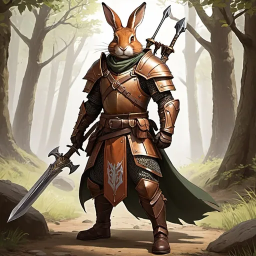 Prompt: Thorn Ironclaw - rabbitfolk, Weapons Specialist and Combat Leader: Thorn is a seasoned warrior renowned for his prowess in combat and his proficiency with a wide array of weapons. As the leader of the combat team, he trains the Haregon in martial techniques, equips them with the necessary weaponry, and coordinates their actions during any confrontations with the guards. His leadership on the battlefield inspires confidence and ensures that the Haregon can overcome any obstacles they encounter.
   - Physical Appearance: Thorn is a muscular hare with fur the color of burnished copper and a determined expression.
   - Clothing and Gear: He wears sturdy leather armor and carries a variety of weapons, including a longsword strapped to his back, a crossbow slung over his shoulder, and a set of throwing axes secured to his belt.
