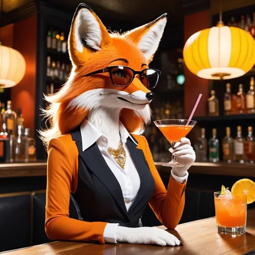 Prompt: A trendy anthro lady fox enjoying a cocktail at a trendy bar.