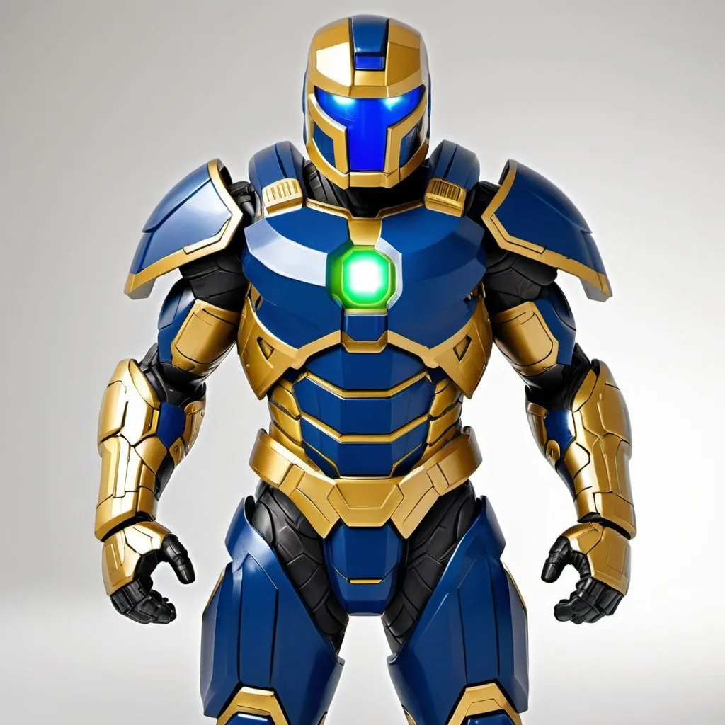 Prompt: Spartan-II Mjolnir armor, dragon theme, sleek and angular, mostly blue, white and gold accents, glowing lights, green lights, heavy on the Halo influence, no horns, Mjolnir style helm with silver faceplate.