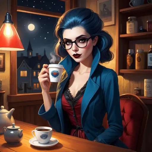Prompt: a hipster lady vampire getting dressed for a nightly prowl, very hipster, from Australia, likes coffee, down to earth, girl next door, loves Bluey