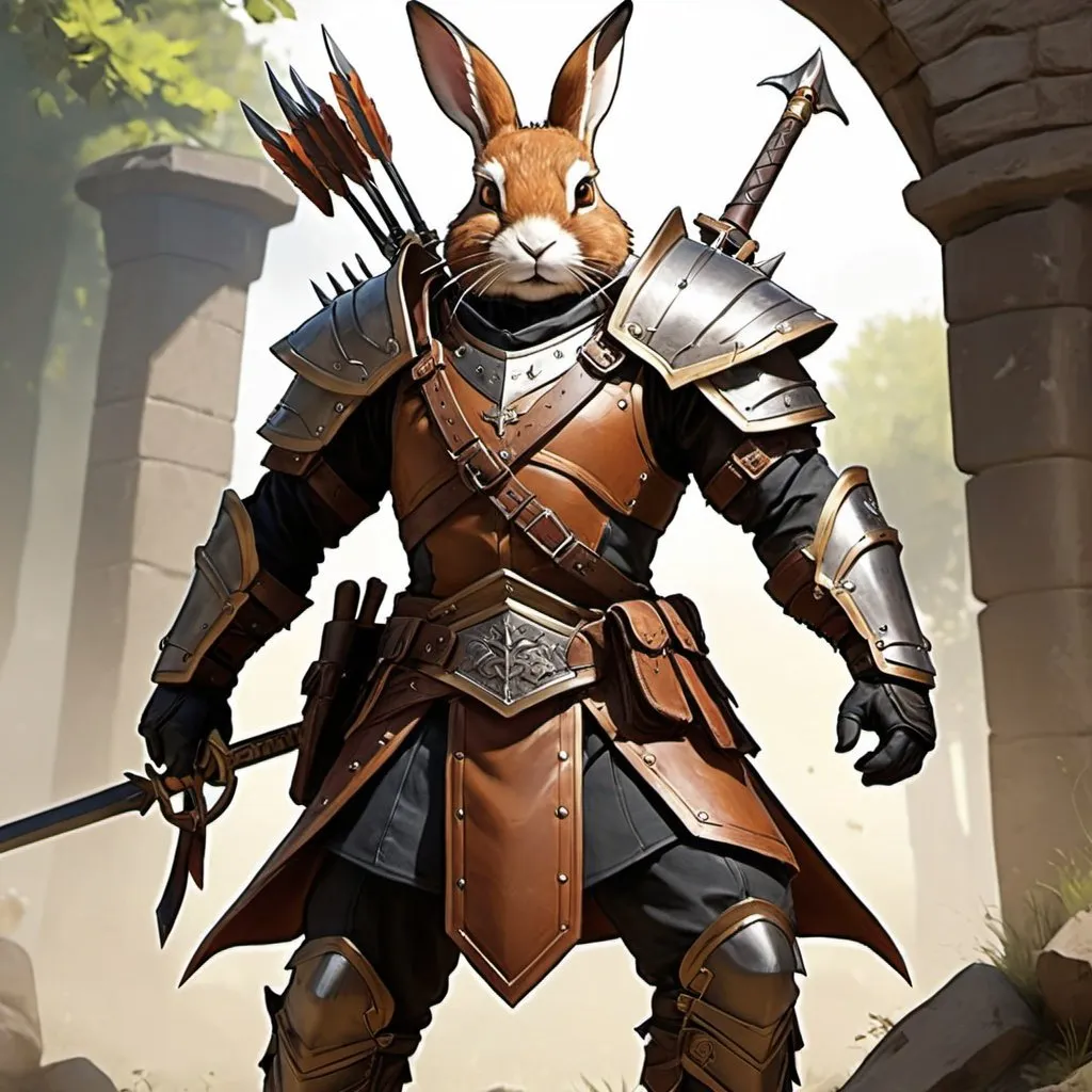 Prompt: Thorn Ironclaw - rabbitfolk, Weapons Specialist and Combat Leader: Thorn is a seasoned warrior renowned for his prowess in combat and his proficiency with a wide array of weapons. As the leader of the combat team, he trains the Haregon in martial techniques, equips them with the necessary weaponry, and coordinates their actions during any confrontations with the guards. His leadership on the battlefield inspires confidence and ensures that the Haregon can overcome any obstacles they encounter.
   - Physical Appearance: Thorn is a muscular hare with fur the color of burnished copper and a determined expression.
   - Clothing and Gear: He wears sturdy leather armor and carries a variety of weapons, including a longsword strapped to his back, a crossbow slung over his shoulder, and a set of throwing axes secured to his belt.
