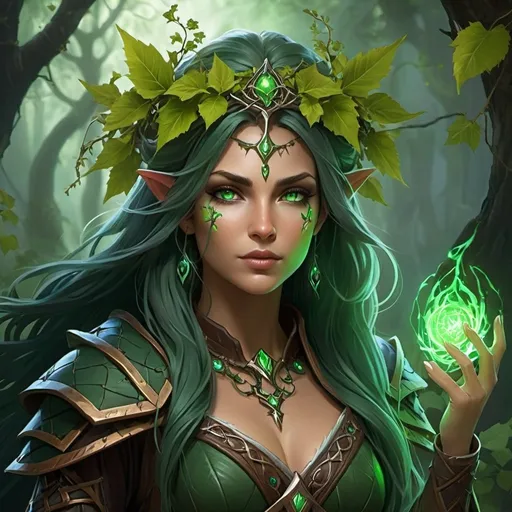 Prompt: "Create a detailed description of Vaelara, a vengeful archdruid/lich. Describe her as crowned with tangled vines and thorny branches, with glowing green eyes and a face marked by ancient runes. Wrapped in tattered leather armor and druidic robes adorned with dried flowers and bones, she wields dual sickles pulsating with dark energy. Her aura combines decay and growth, with ivy tendrils trailing behind her like spectral forest spirits."