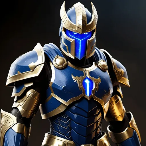 Prompt: Spartan-II Mjolnir armor, dragon theme, sleek and angular, mostly blue and white, gold accents, glowing lights like on Mjolnir armor, heavy on the Halo influence, no horns