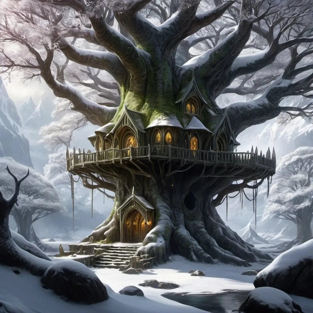 Prompt: A  hidden galadhrim outpost high in a mallorn tree at the edge of Lothlorien, early winter