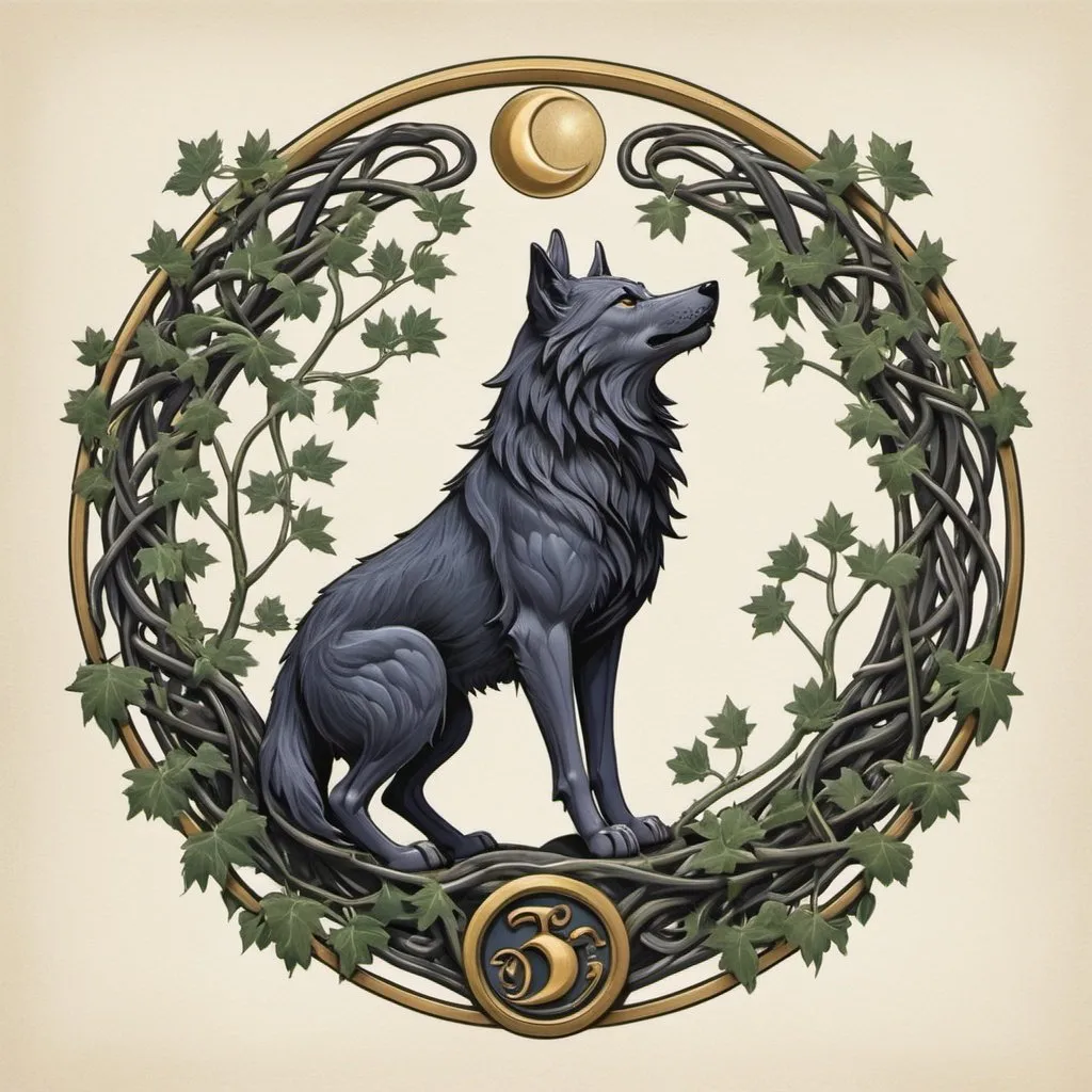 Prompt: European-style house crest, a wolf, a crescent moon, encircled by three entwined vines.