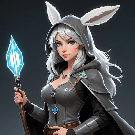 Prompt: Mist Silverbreeze - rabbitfolk, Strategist and Intel Gatherer: Lyra is a shrewd tactician with a keen mind for strategy and planning. She is responsible for gathering intelligence on the layout of the manor, analyzing guard patrols and security protocols, and devising the overall plan of attack. Her meticulous attention to detail ensures that every aspect of the heist is carefully orchestrated for maximum efficiency and success.
 - Physical Appearance: Mist is a slender and graceful hare with shimmering silver fur and piercing blue eyes.
   - Clothing and Gear: She wears a hooded cloak of dark grey, allowing her to blend into the shadows. Mist carries a small notebook for jotting down observations and a set of maps detailing the layout of the manor. Her gear also includes a set of throwing darts for self-defense.
No human ears