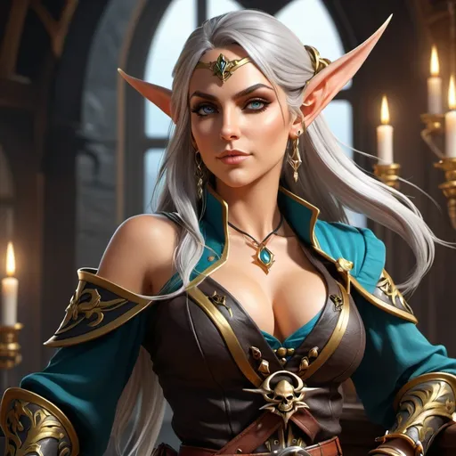 Prompt: 4k, full body, high elf fey warlock, pirate chief, female, beautiful, dangerous, alluring, deadly, wyrmling perched on shoulder, arrogant, pirate leader, tough