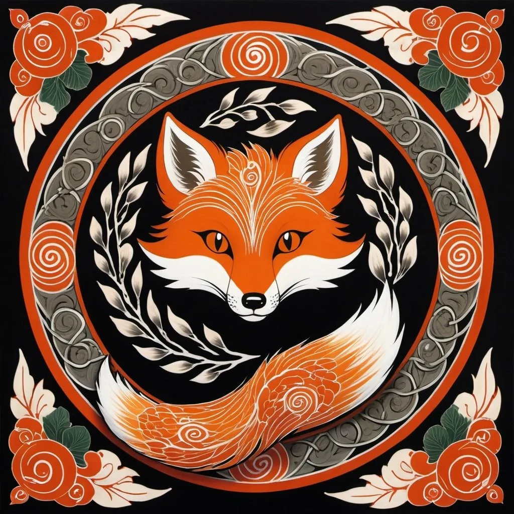 Prompt: Japanese painting, a cunning fox face with a mischievous grin, surrounded by a swirling pattern of nine tails forming a circular design. Each tail is intricately decorated with  foxfire flames. a background of intertwined vines and thorns. 
A more intricate and dynamic design with sharp angles and swirling patterns. The fox face has a slightly more aggressive look, and the tails are more elaborate, with detailed decorations. The runes are small but legible, forming a border around the emblem.