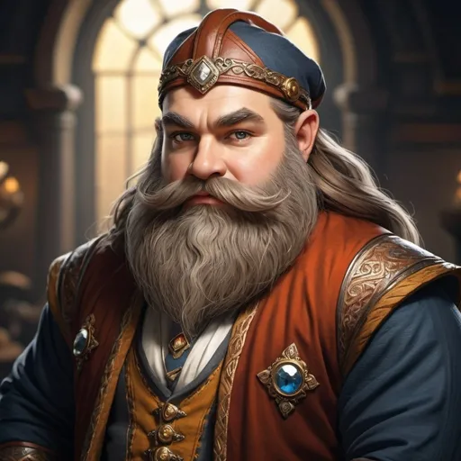 Prompt: A dwarf wearing fine clothes, long beard, well groomed, proud, haughty, rich