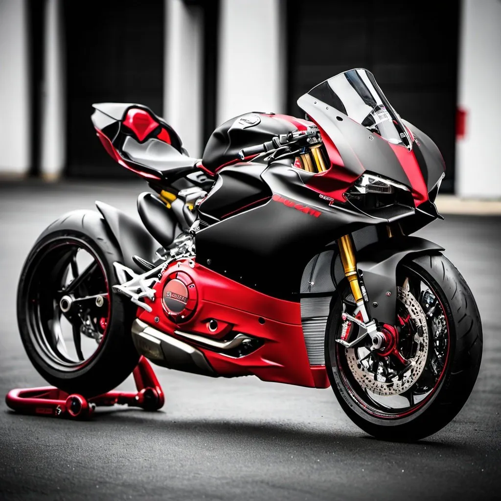 Prompt: a custom Ducati Panigale V4, painted in a striking matte black with sleek, crimson accents.