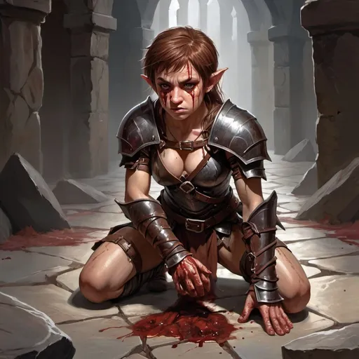 Prompt: a halfling woman dressed in leather armor kneels on a rough stone floor, she is bound, bruised, and bloody, she looks up defiantly, a muscular half-elf looms behind her.
