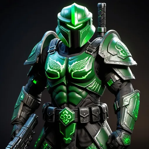 Prompt: Spartan-IV Mjolnir armor, gen 3 Mjolnir, heavy dragon theme, sleek and angular, armor lights, glowing lights, green lights, magic runes, glowing runes, heavy on the Halo influence, no horns, Mjolnir style helm, holding a rifle, MA5C rifle