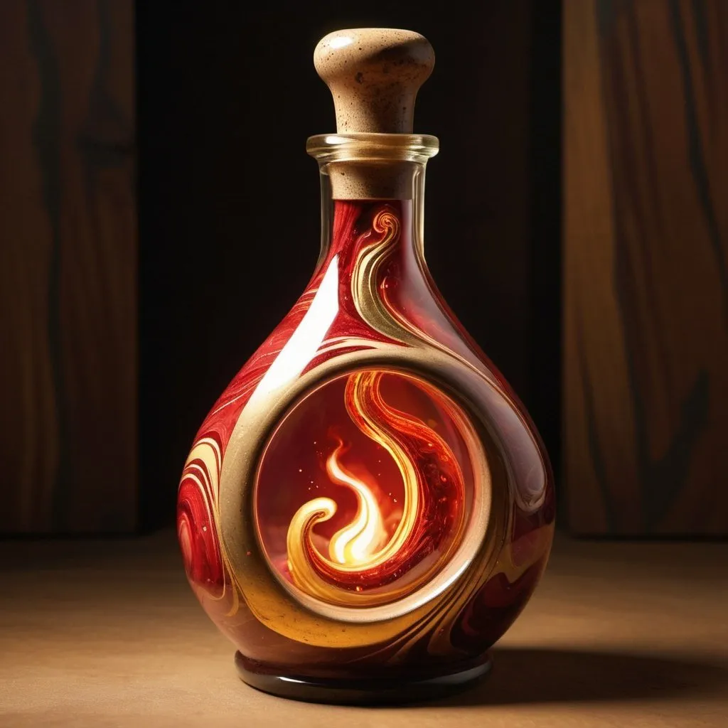 Prompt: a potion bottle, rustic design, corked, marbled red and gold light, swirling contents, glowing contents, warm glow, interior glow, evocative of fire.