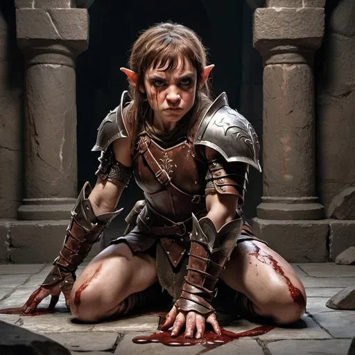Prompt: a halfling woman dressed in leather armor kneels on a rough stone floor, she is bruised, and bloody, her hands are bound, she looks up defiantly, a muscular half-elf looms behind her.