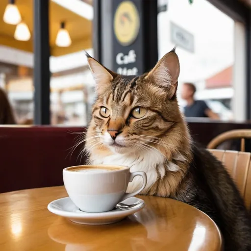 Prompt: A cat enjoying a coffee at a café. 