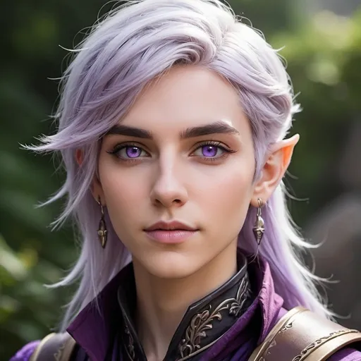 Prompt: dnd character portrait, androgynous half-elf, bard, lavender eyes, silver and lavender hair frames their face, sharp androgynous features, stylish androgynous clothing