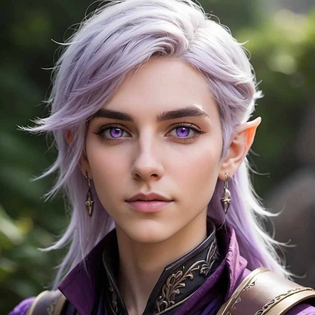 Prompt: dnd character portrait, androgynous half-elf, bard, lavender eyes, silver and lavender hair frames their face, sharp androgynous features, stylish androgynous clothing