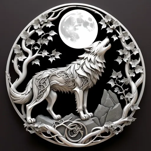 Prompt: Japanese-style house crest, a majestic wolf in profile standing proudly atop a rocky outcrop, its head held high and its gaze fixed firmly ahead. The wolf is depicted in shades of silver and gray, its fur bristling with vitality and strength. Surrounding the wolf are three intertwined vines.
The first vine its branches intertwining with those of the other two vines to form a solid foundation beneath the wolf's feet. The second vine its leaves resilient and unyielding even in the face of adversity. The third vine its tendrils weaving through the composition with a subtle elegance.
Above the wolf's head, a crescent moon hangs in the sky. 