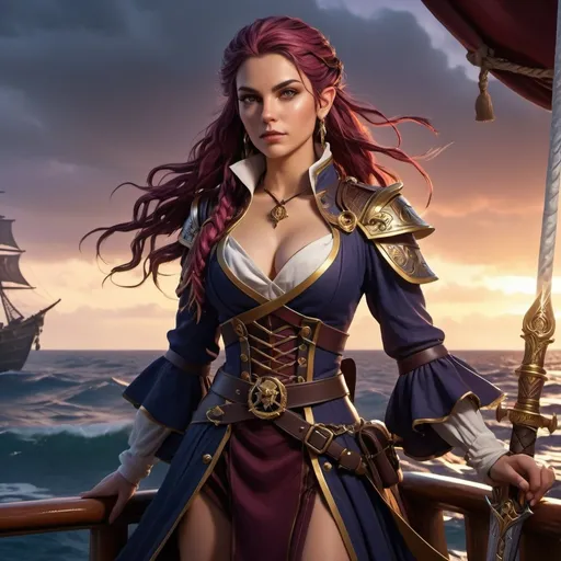 Prompt: 4k, full body, A stunning and dangerous high elf female pirate captain stands confidently on the deck of her ship, exuding both elegance and menace. She has sharp, captivating features with piercing eyes that hint at her cunning nature. She wears an elegant yet practical dress, a blend of deep navy and rich burgundy, adorned with gold accents, designed for both style and combat. A finely crafted sword hangs at her side, ready for use. Perched on her shoulder is a small, violet pseudodragon, its eyes glowing with intelligence. The background shows a stormy sea under a twilight sky, reflecting her wild and unpredictable nature.