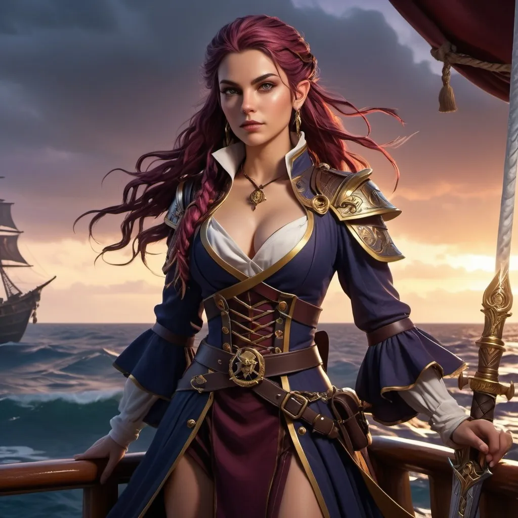 Prompt: 4k, full body, A stunning and dangerous high elf female pirate captain stands confidently on the deck of her ship, exuding both elegance and menace. She has sharp, captivating features with piercing eyes that hint at her cunning nature. She wears an elegant yet practical dress, a blend of deep navy and rich burgundy, adorned with gold accents, designed for both style and combat. A finely crafted sword hangs at her side, ready for use. Perched on her shoulder is a small, violet pseudodragon, its eyes glowing with intelligence. The background shows a stormy sea under a twilight sky, reflecting her wild and unpredictable nature.