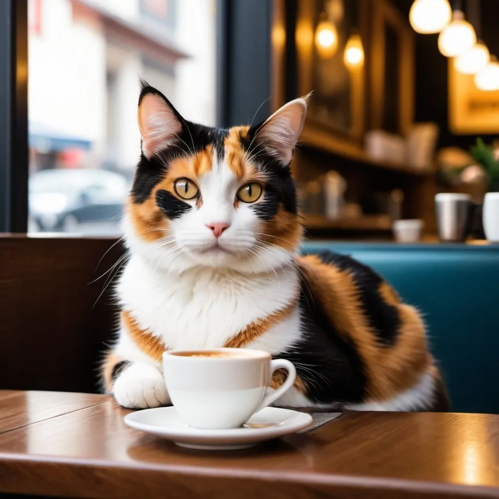 Prompt:  A calico cat enjoying a coffee at a sophisticated café.