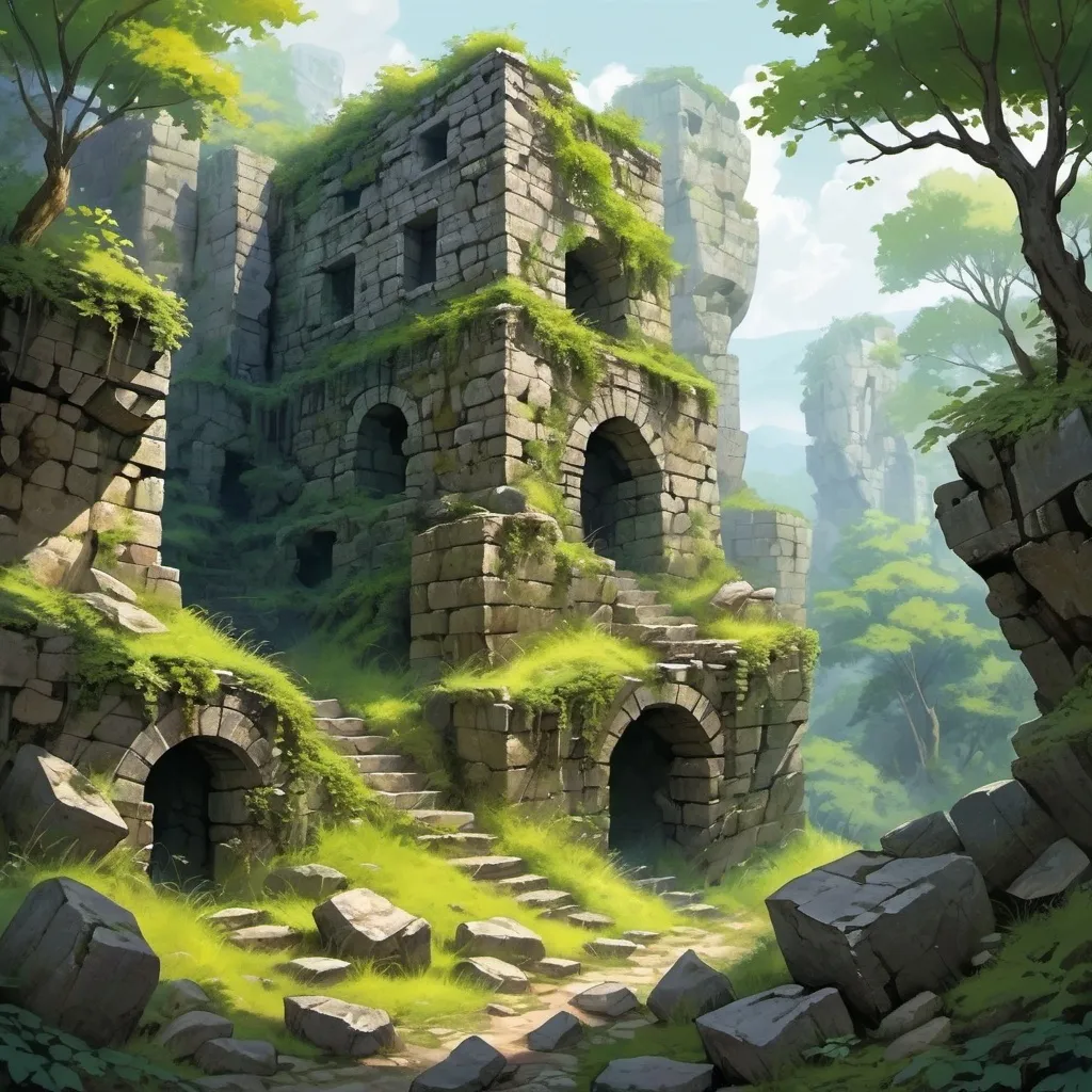 Prompt: Crumbling stone walls overgrown by forest, crumbling ruins, broken stone, trees, undergrowth, hilly terrain, rocks, boulders, shady forest, fantasy