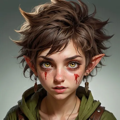 Prompt: A DnD pixie, pixie is half-mad from radiation poisoning, ragged clothes, sick, wild hair, bleeding sores, torn skin, crazy wild eyes