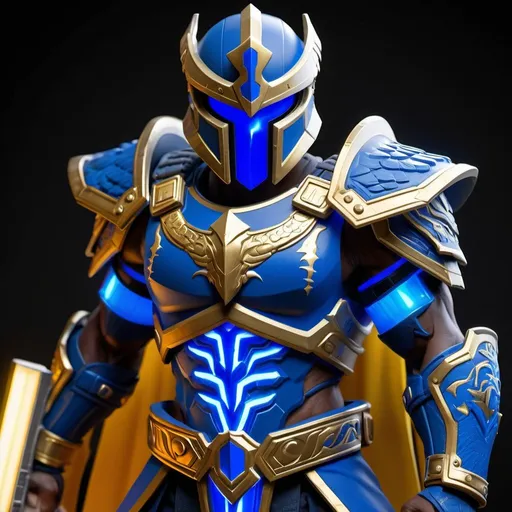 Prompt: Spartan-II Mjolnir armor, gen 3 Mjolnir, heavy dragon theme, sleek and angular, mostly blue, white and gold accents, glowing lights, green lights, heavy on the Halo influence, no horns, Mjolnir style helm with silver faceplate.