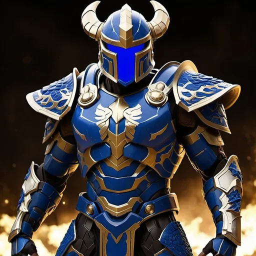 Prompt: Spartan-II Mjolnir armor, dragon theme, mostly blue and white, gold accents, glowing lights, heavy on the Halo influence, no horns