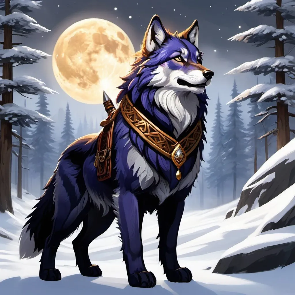 Prompt: a dwarf, neither male nor female, with lupine features (claws, fangs, fur, ears). They exude a sense of calculated ferocity, embodying the collective wisdom, strength, and determination of the wolf lords. They are fiercely protective of their wielder and demonstrate a keen sense of loyalty and camaraderie. Moonfire exudes an aura of authority and wisdom. It speaks with a commanding yet soothing voice, guiding its wielder with insight and foresight.