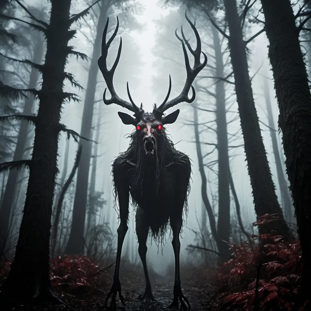 Prompt: found footage style, grainy, dense forest, rain, fog, shadows, lurking figure, tall, red eyes, antlers, eldritch, spooky, sinister, animalistic, creeping, shadow monster